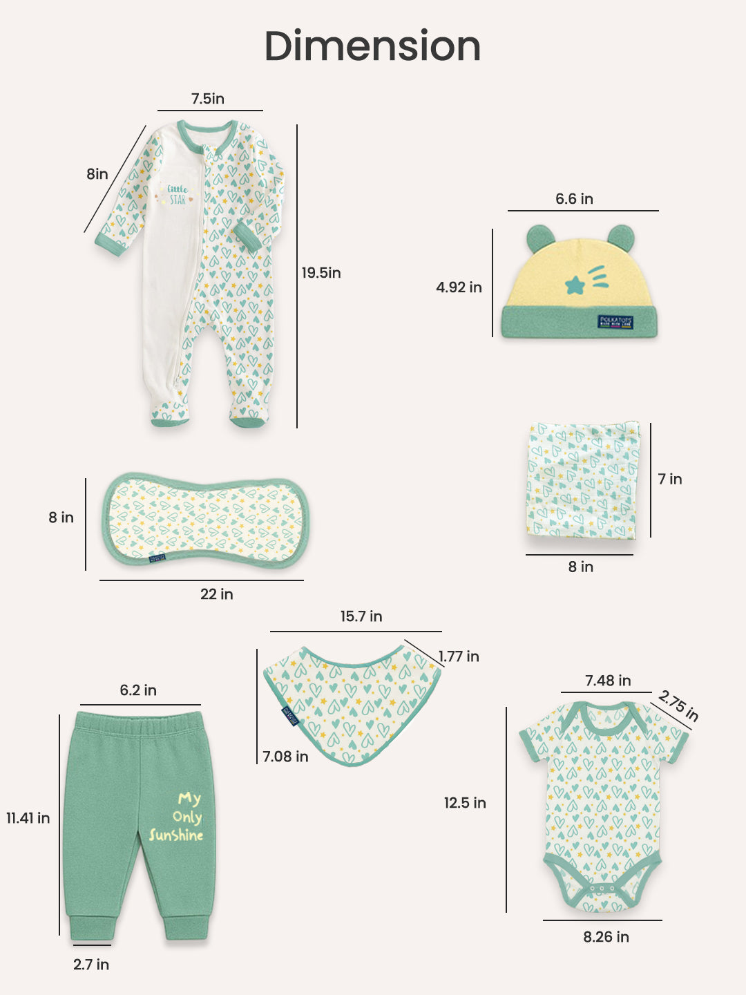 Polka Tots Pack of 10 Heart Print Jumbo Newborn Gift Hamper Set - Green