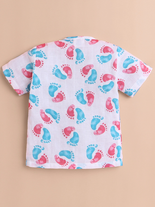 Polka Tots Soft Muslin Cotton Half sleeves Lil Feet print Jhabla and Pant Set - Pink & Blue