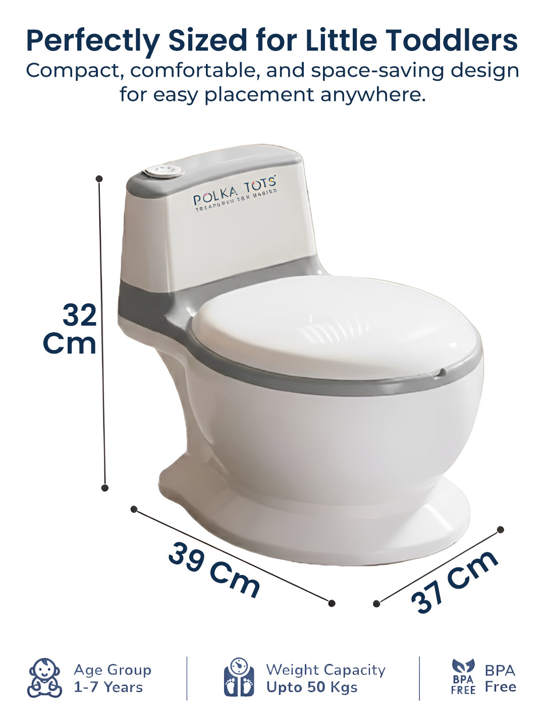 Children's toilet seat with dimensions and Polka Tots branding on a white background