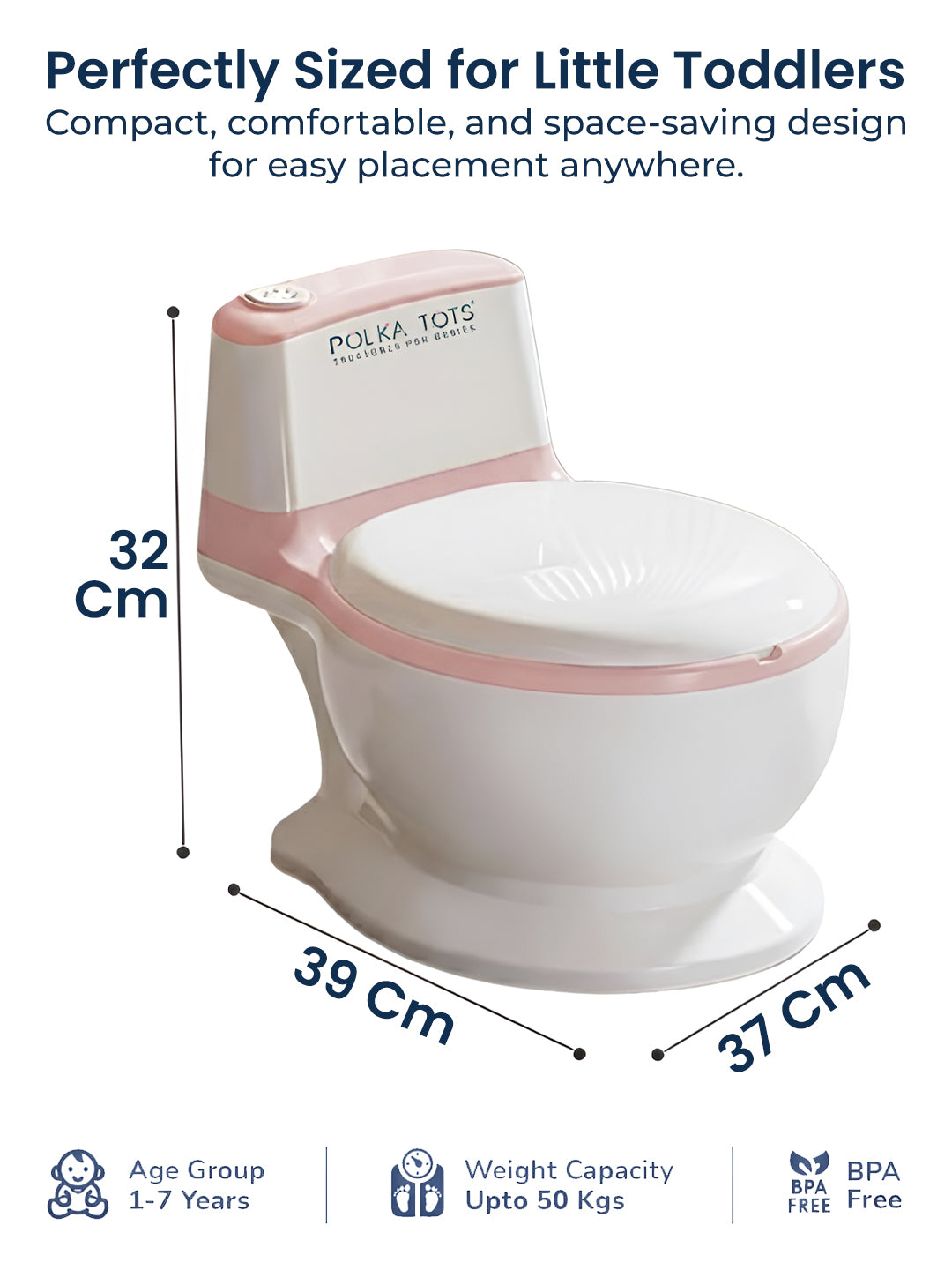 Pink and white children's potty with dimensions and branding on a white background