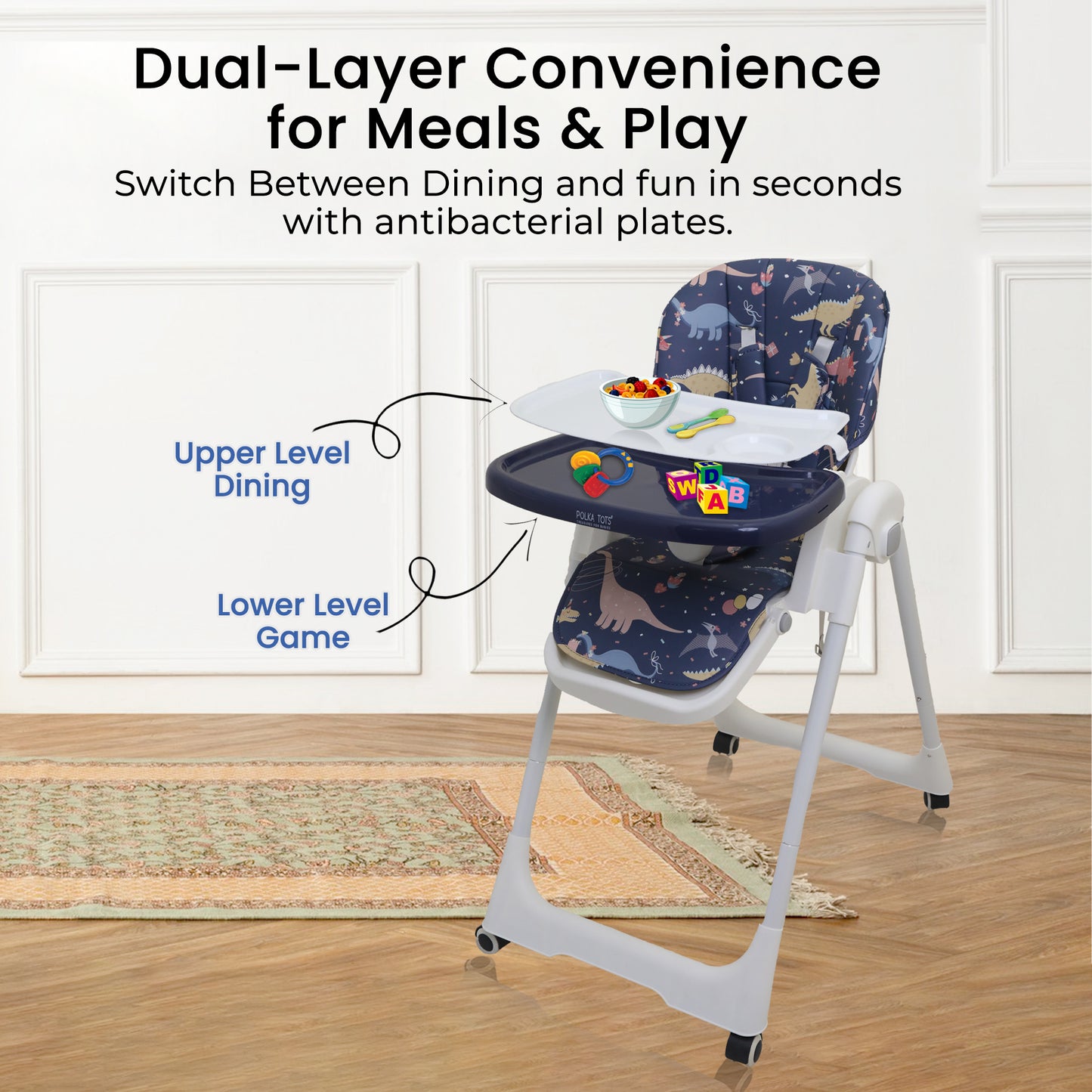 Polka Tots Twist n’ Taste 3 in 1 Convertible Dino Design High Chair - (Blue)