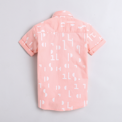 Polka Tots Half Sleeves Abstract Print Shirt With Attached Tee - Peach