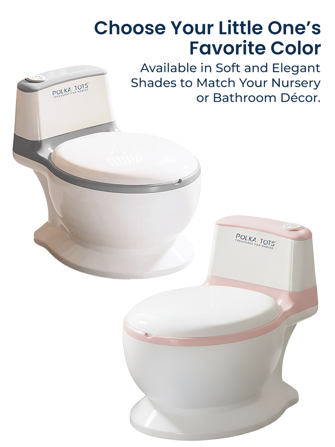Two children's toilets, one white and one pink, with text about color options and matching nursery decor.