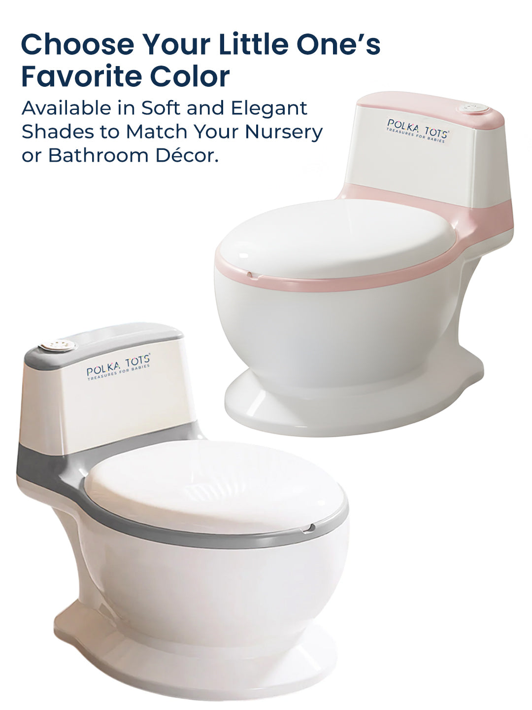 White and pink toilet with text about color options for a nursery or bathroom.