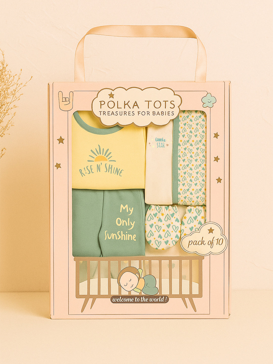 Polka Tots Pack of 10 Heart Print Jumbo Newborn Gift Hamper Set - Green
