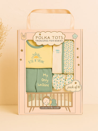Polka Tots Pack of 10 Heart Print Jumbo Newborn Gift Hamper Set - Green