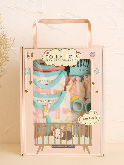 Polka Tots Pack of 10 Jungle Print Jumbo Newborn Gift Hamper Set - Multicolor