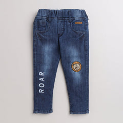 Polka Tots Lion Patch Roar Embroidery Flap Style Denim Pant - Blue