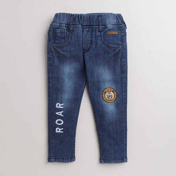 Polka Tots Lion Patch Roar Embroidery Flap Style Denim Pant - Blue