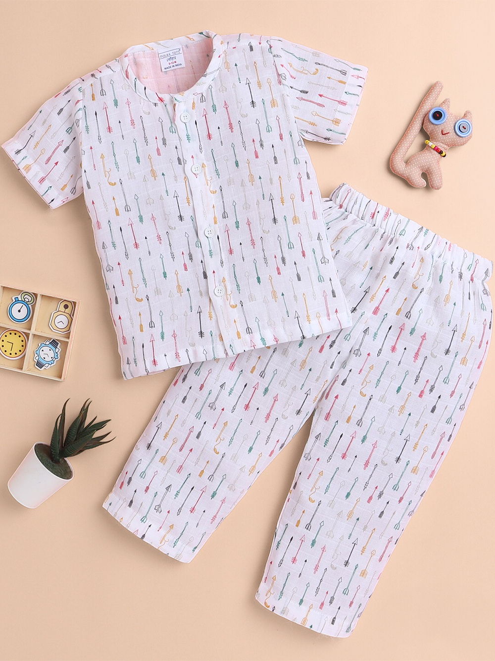Polka Tots Soft Muslin Cotton Half sleeves Cupid print Jhabla and Pant Set - White