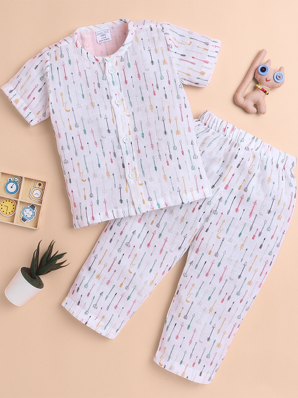 Polka Tots Soft Muslin Cotton Half sleeves Cupid print Jhabla and Pant Set - White