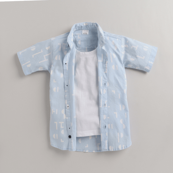Polka Tots Half Sleeves Abstract Print Shirt With Attached Tee - Blue