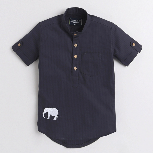 Polka Tots Half Sleeve Short Kurta Elephant Embroidery - Navy Blue