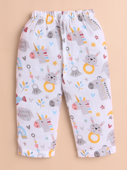 Polka Tots Soft Muslin Cotton Half sleeves Hello Baby print Jhabla and Pant Set  - Multicolor