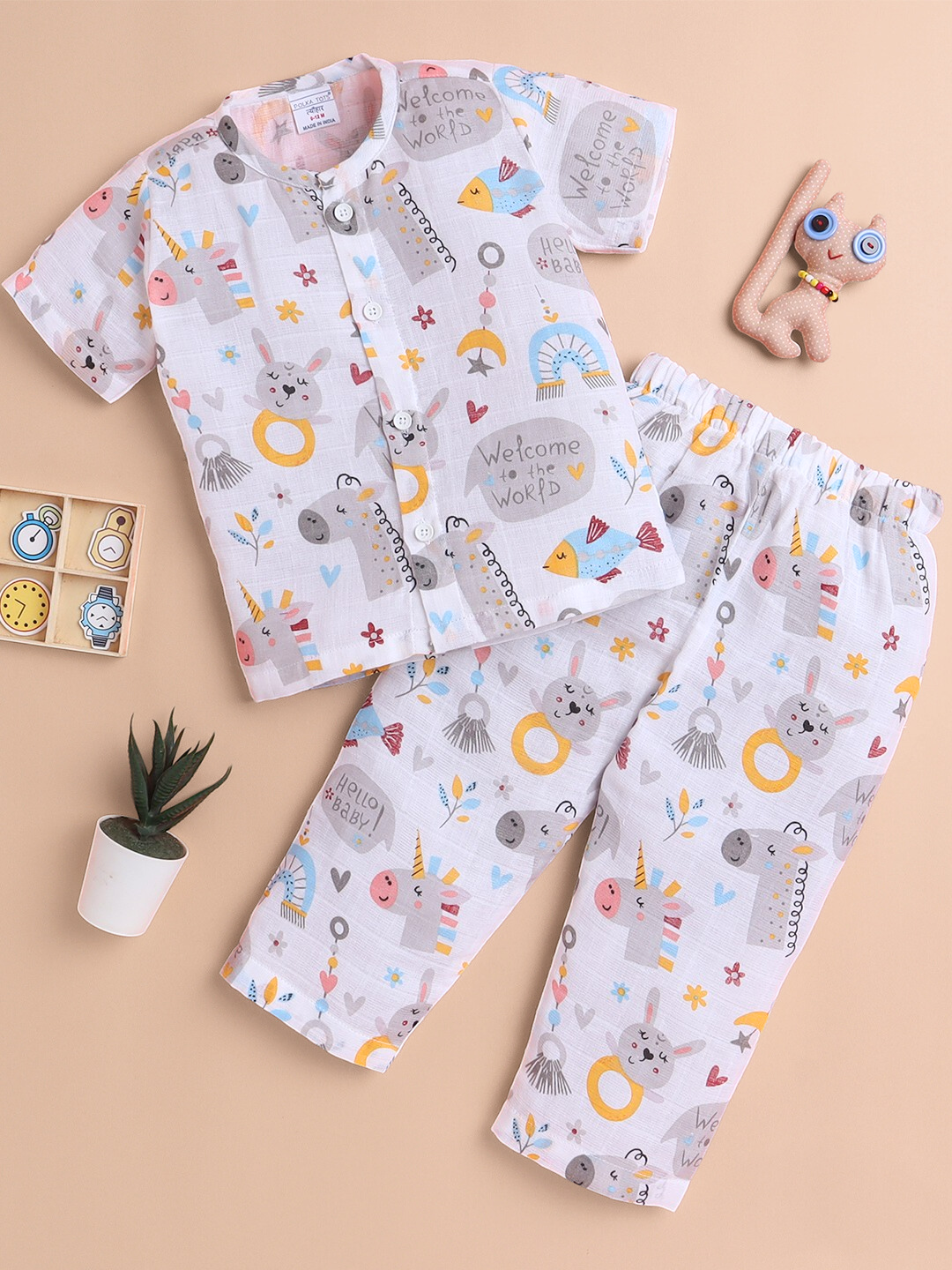 Polka Tots Soft Muslin Cotton Half sleeves Hello Baby print Jhabla and Pant Set  - Multicolor