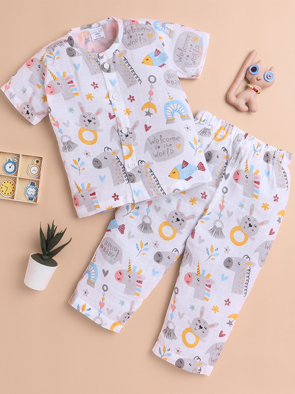 Polka Tots Soft Muslin Cotton Half sleeves Hello Baby print Jhabla and Pant Set  - Multicolor