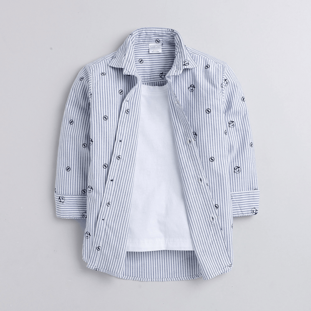 Polka Tots Full Sleeves Striped Shirt With Attached Tee - Blue