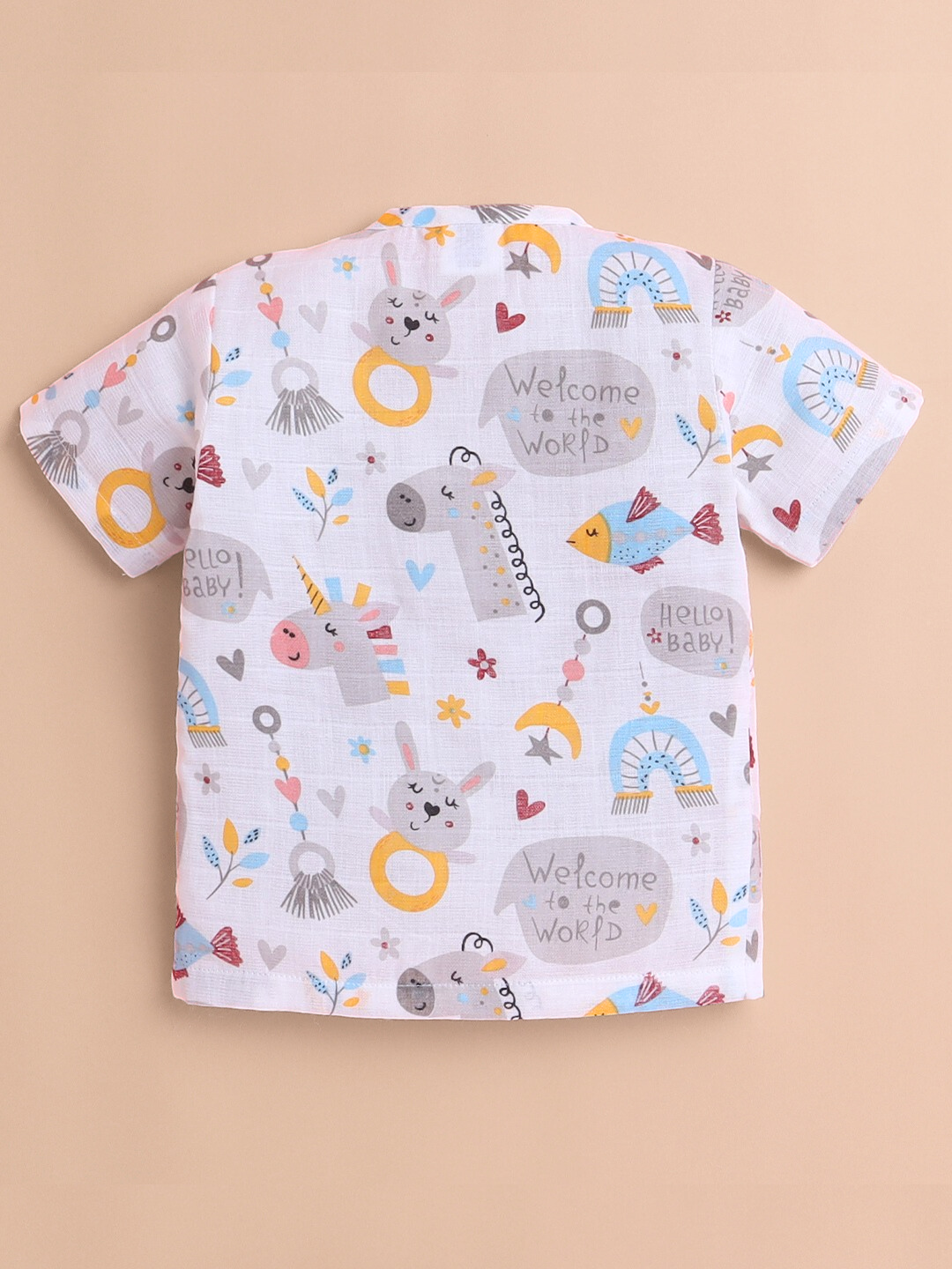 Polka Tots Soft Muslin Cotton Half sleeves Hello Baby print Jhabla and Pant Set  - Multicolor