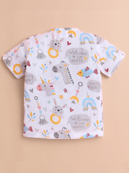 Polka Tots Soft Muslin Cotton Half sleeves Hello Baby print Jhabla and Pant Set  - Multicolor