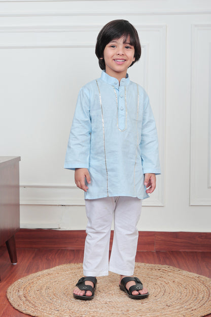 Polka Tots Full Sleeve Silver stripe Kurta Pyjama Set - Blue