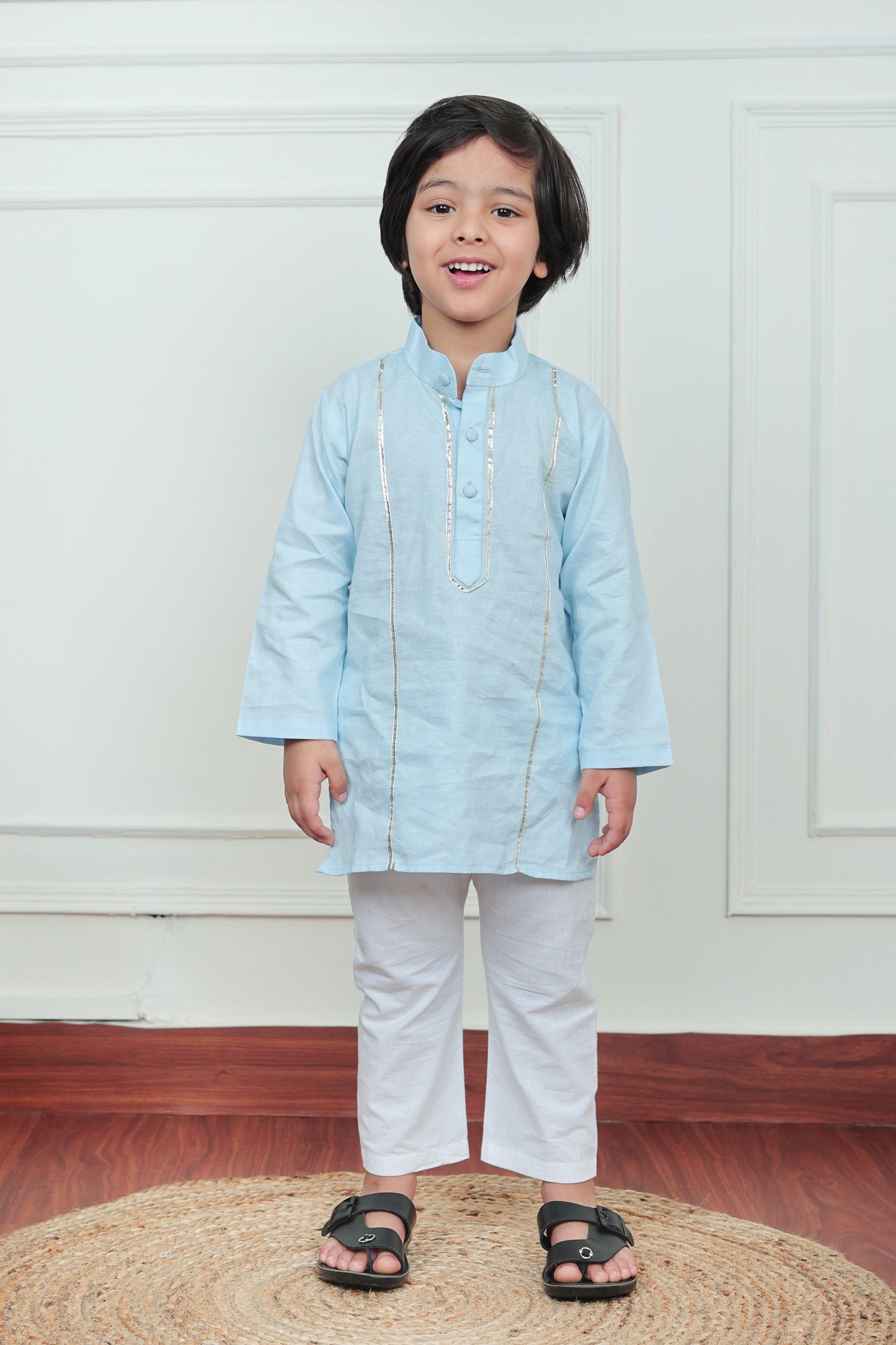 Polka Tots Full Sleeve Silver stripe Kurta Pyjama Set - Blue