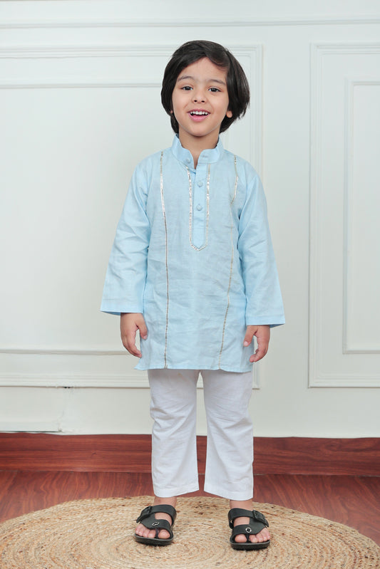 Polka Tots Full Sleeve Silver stripe Kurta Pyjama Set - Blue