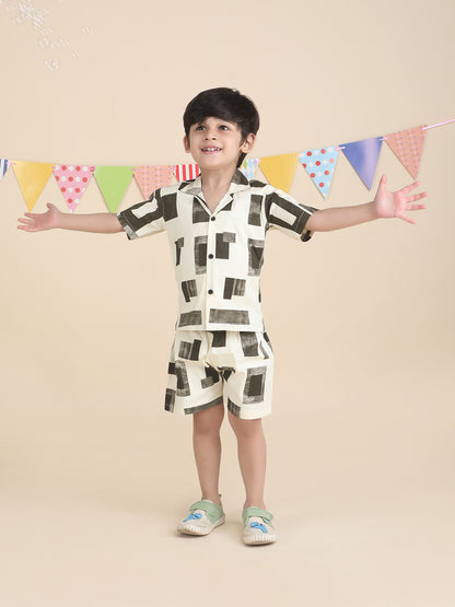 Polka Tots Cotton Half Sleeves Geometric print Co-ords - Cream