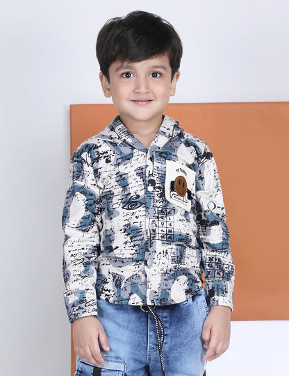 Polka Tots Full Sleeves Abstract Scribble Print Hooded Kids Shirt with Smiley Patch - Blue