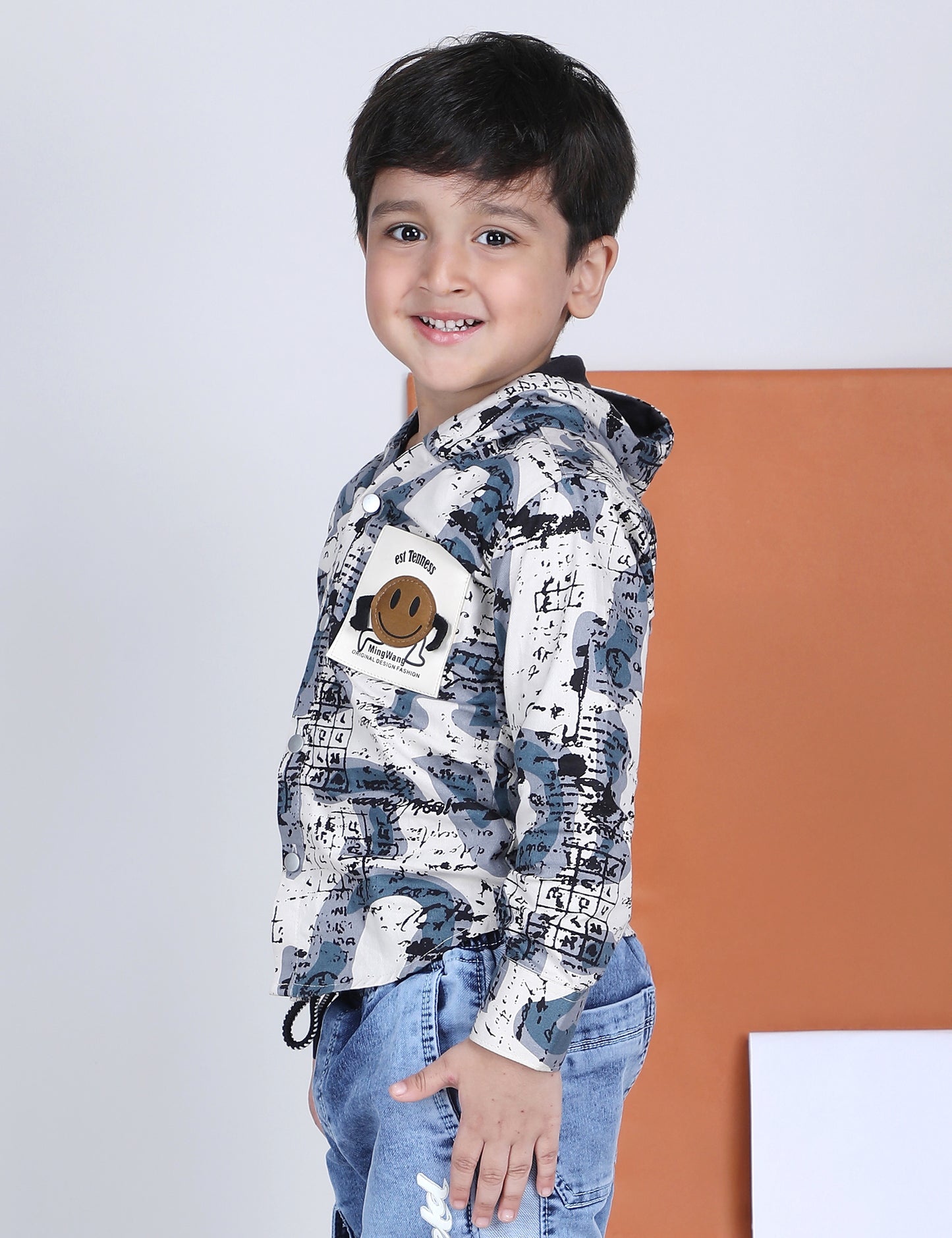 Polka Tots Full Sleeves Abstract Scribble Print Hooded Kids Shirt with Smiley Patch - Blue