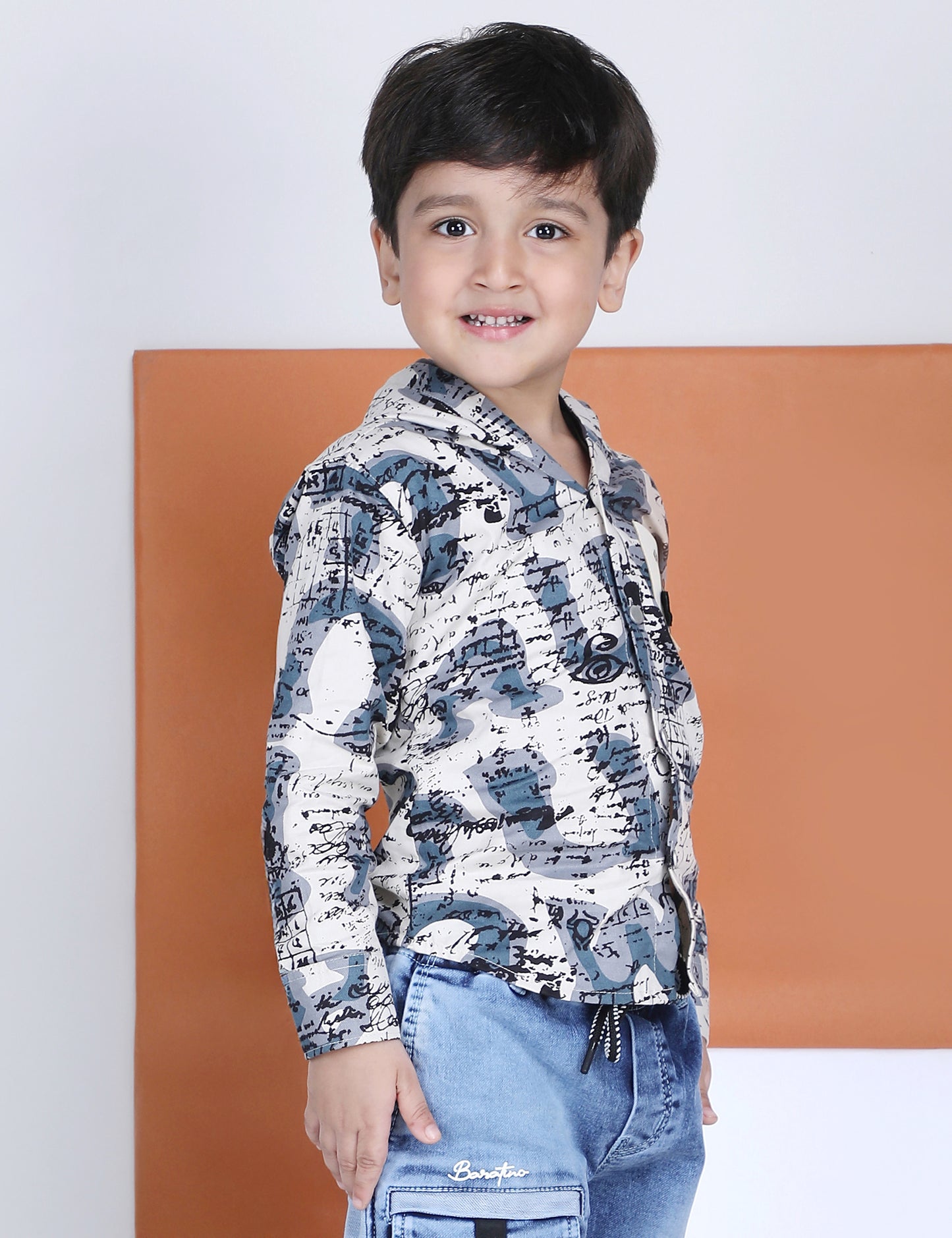 Polka Tots Full Sleeves Abstract Scribble Print Hooded Kids Shirt with Smiley Patch - Blue