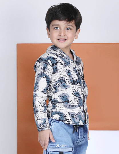 Polka Tots Full Sleeves Abstract Scribble Print Hooded Kids Shirt with Smiley Patch - Blue