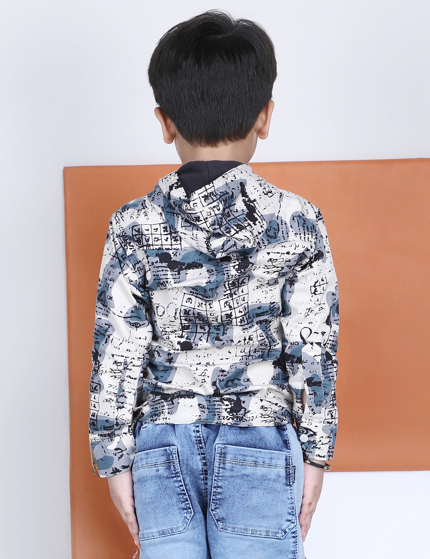 Polka Tots Full Sleeves Abstract Scribble Print Hooded Kids Shirt with Smiley Patch - Blue