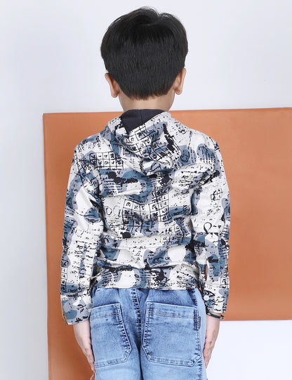 Polka Tots Full Sleeves Abstract Scribble Print Hooded Kids Shirt with Smiley Patch - Blue