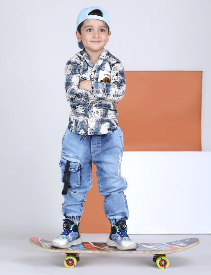 Polka Tots Full Sleeves Abstract Scribble Print Hooded Kids Shirt with Smiley Patch - Blue