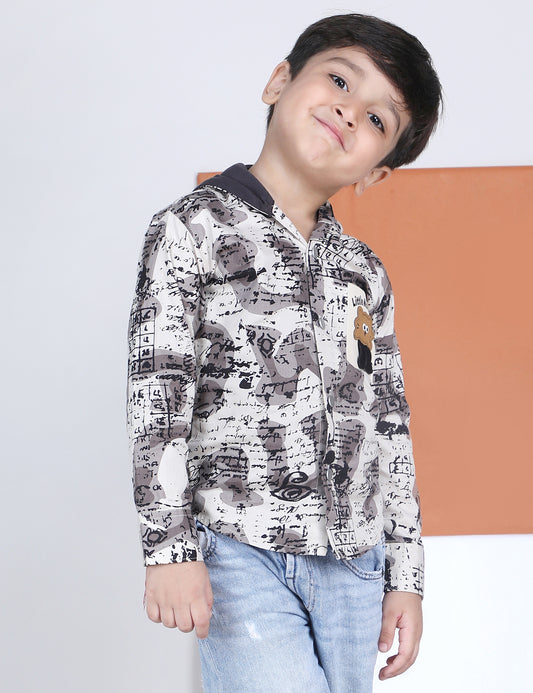 Polka Tots Full Sleeves Abstract Scribble Print Hooded Kids Shirt with Smiley Patch - Cream