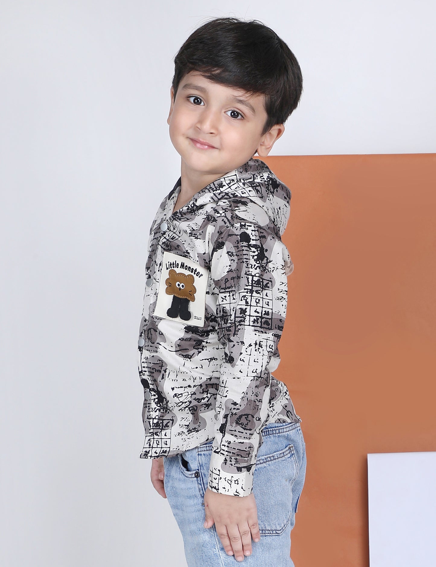 Polka Tots Full Sleeves Abstract Scribble Print Hooded Kids Shirt with Smiley Patch - Cream
