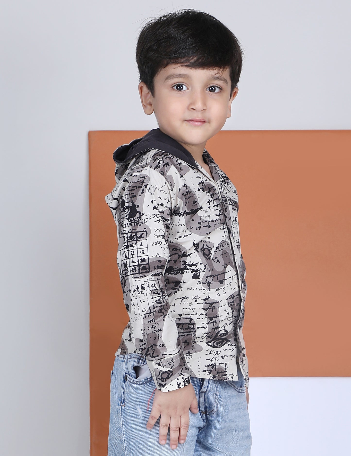 Polka Tots Full Sleeves Abstract Scribble Print Hooded Kids Shirt with Smiley Patch - Cream