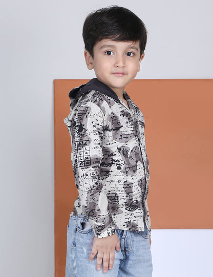 Polka Tots Full Sleeves Abstract Scribble Print Hooded Kids Shirt with Smiley Patch - Cream