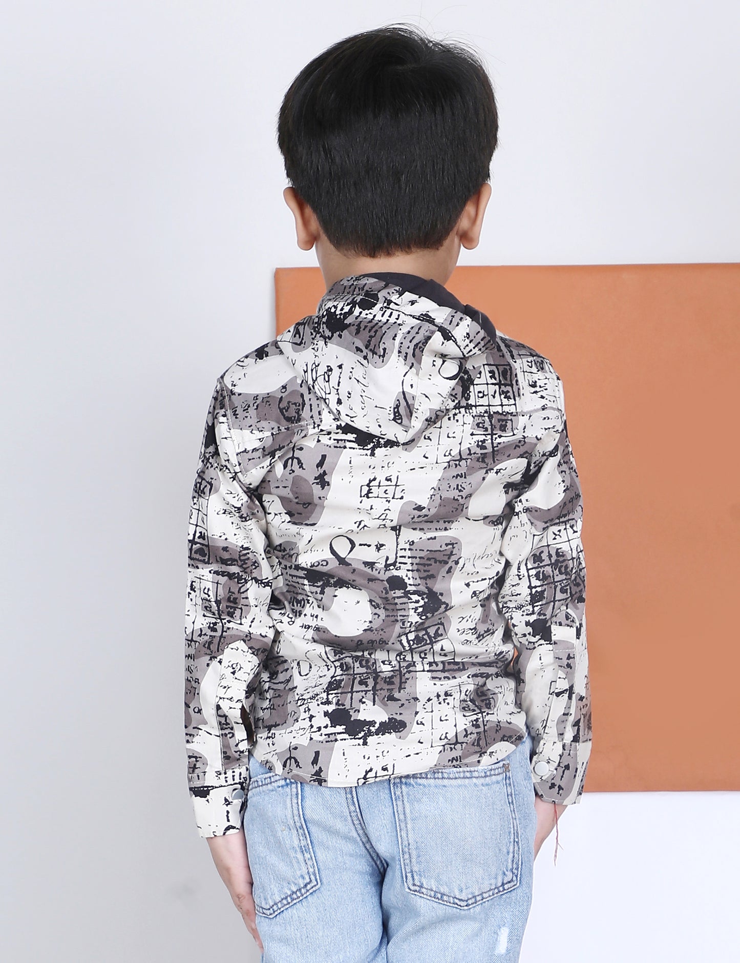 Polka Tots Full Sleeves Abstract Scribble Print Hooded Kids Shirt with Smiley Patch - Cream