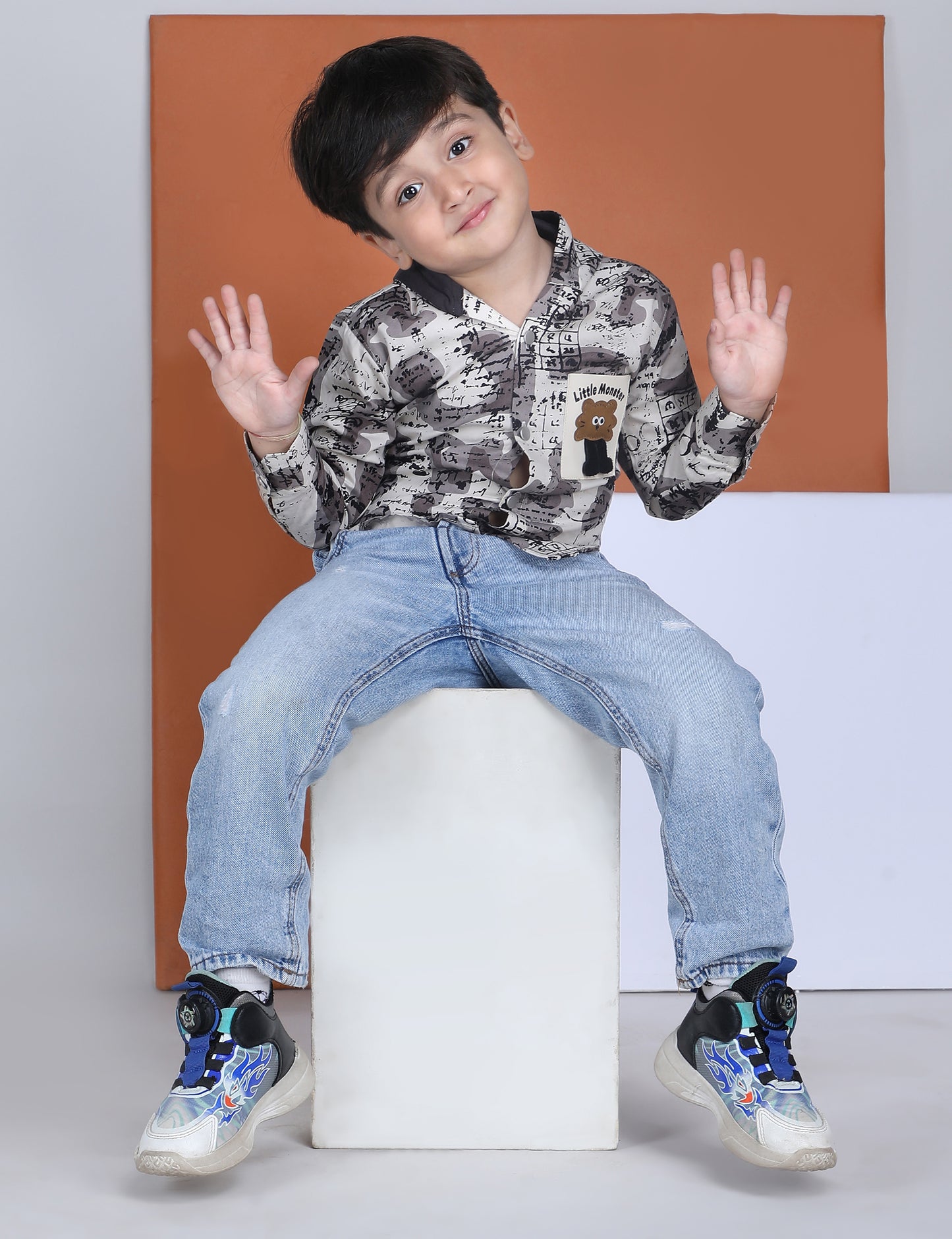 Polka Tots Full Sleeves Abstract Scribble Print Hooded Kids Shirt with Smiley Patch - Cream