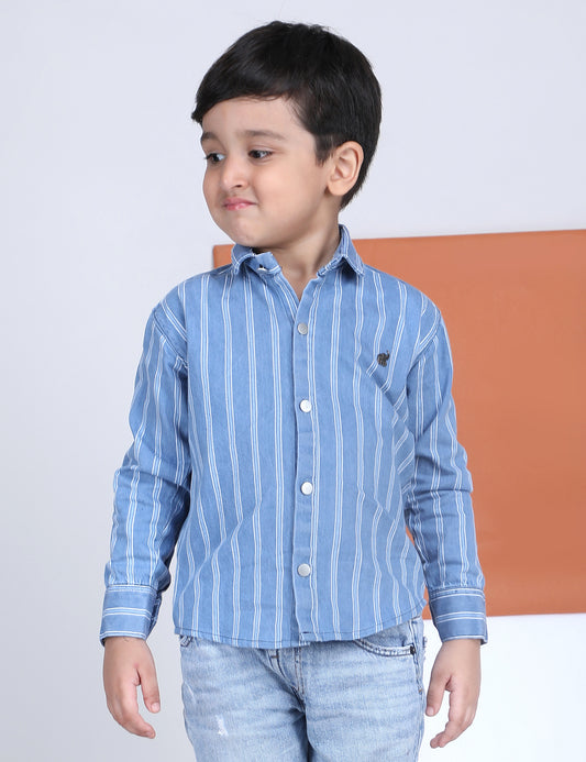 Polka Tots Full Sleeves Cotton Striped Shirt - Blue