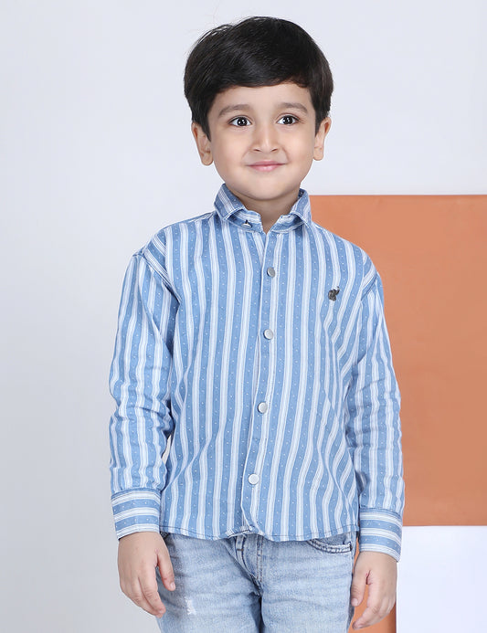 Polka Tots Full Sleeves Cotton Striped Shirt - Blue