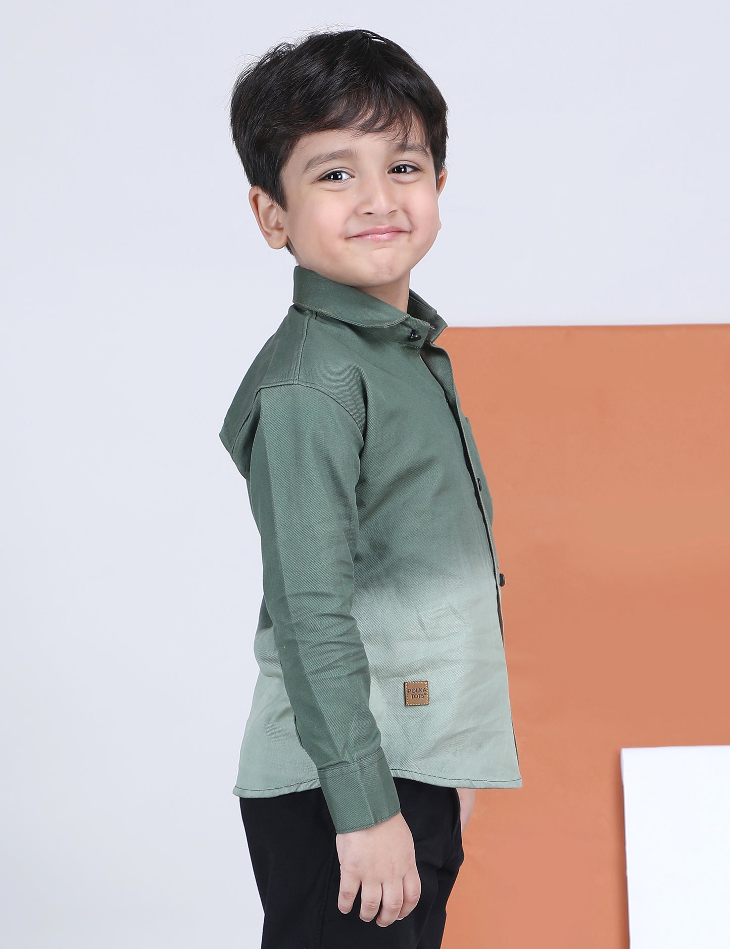 Polka Tots Full Sleeves Cotton Ombre Effect Shirt - Green