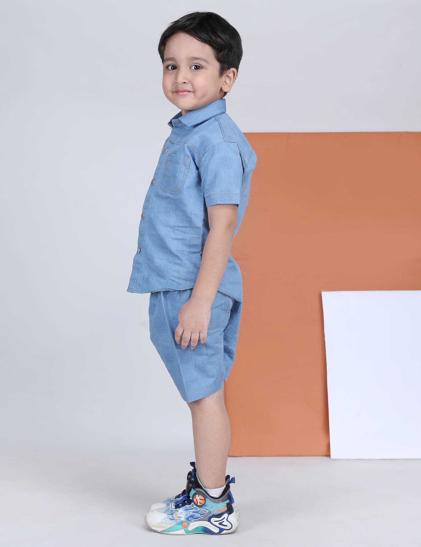 Polka Tots Half Sleeves Textured Denim co-ord set - Light Blue