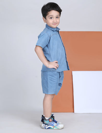 Polka Tots Half Sleeves Textured Denim co-ord set - Light Blue