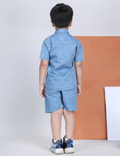 Polka Tots Half Sleeves Textured Denim co-ord set - Light Blue