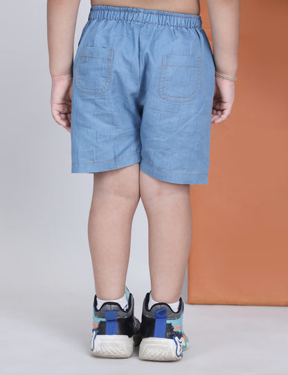 Polka Tots Half Sleeves Textured Denim co-ord set - Light Blue