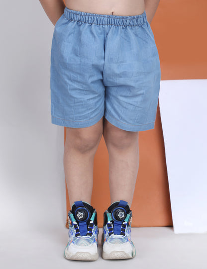 Polka Tots Half Sleeves Textured Denim co-ord set - Light Blue