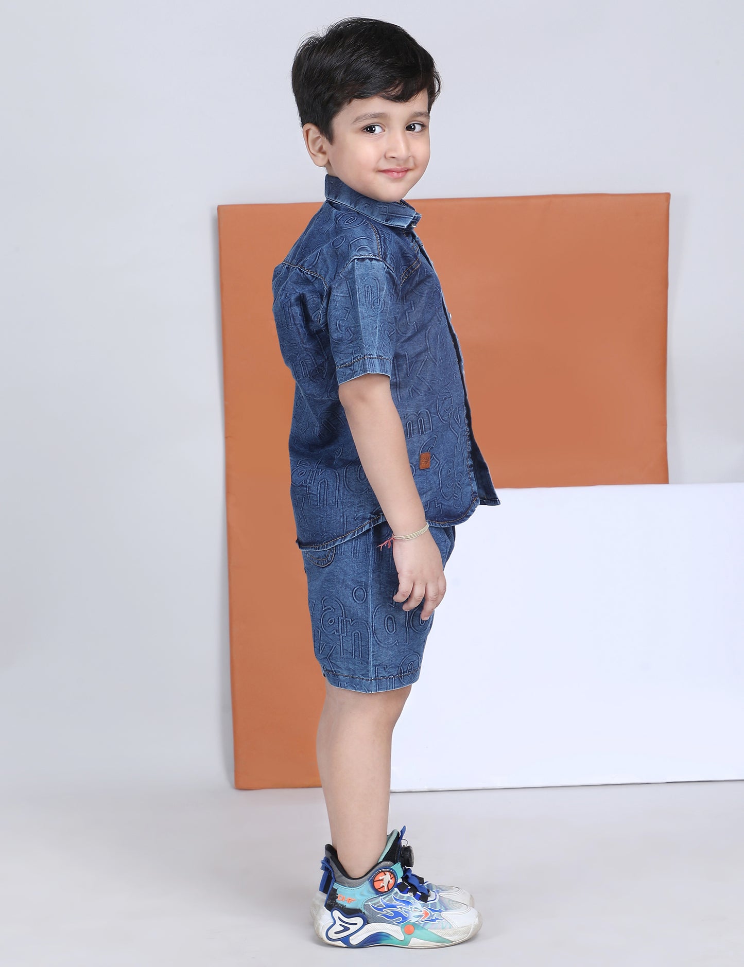 Polka Tots Half Sleeves Alphabet Print Denim co-ord set - Blue