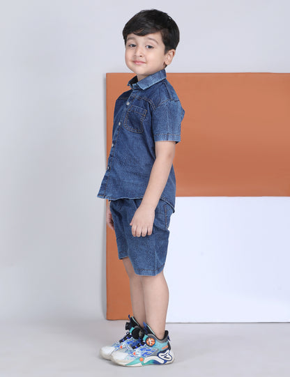 Polka Tots Half Sleeves Alphabet Print Denim co-ord set - Blue